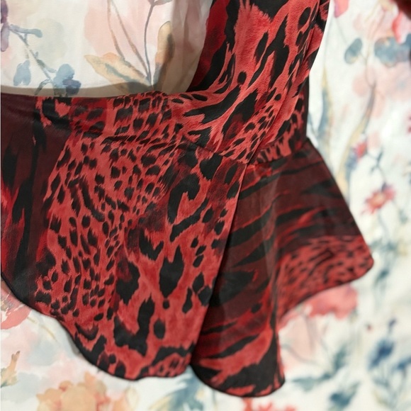 Vintage Animal Print Red and Black Ruffled Bell Sleeve Blouse - Picture 5 of 12